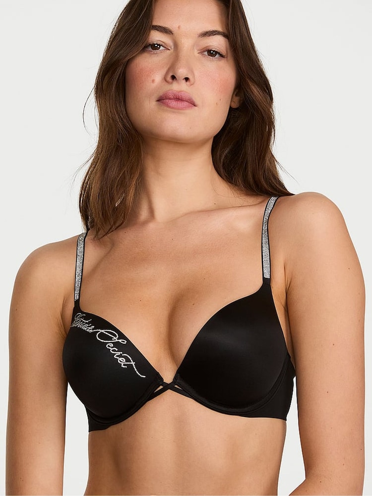 Victoria's Secret Black Add 2 Cups Push Up Bombshell Shine Script Bra - Image 1 of 2 Victoria's Secret Black Add 2 Cups Push Up Bombshell Shine Script Bra - Image 1 of 2