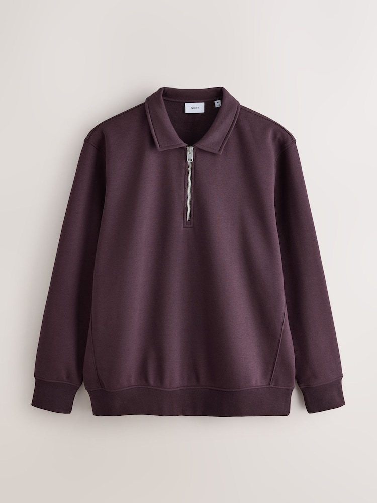 Burgundy Red Cotton Rich Jersey Zip Neck Polo Sweatshirt - Image 1 of 3 Burgundy Red Cotton Rich Jersey Zip Neck Polo Sweatshirt - Image 1 of 3