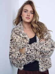 Neutral Animal Print Faux Fur Bomber Jacket - Image 1 of 5