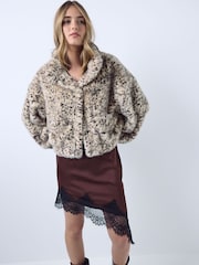 Neutral Animal Print Faux Fur Bomber Jacket - Image 2 of 5