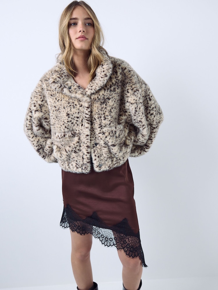 Neutral Animal Print Faux Fur Bomber Jacket - Image 2 of 5