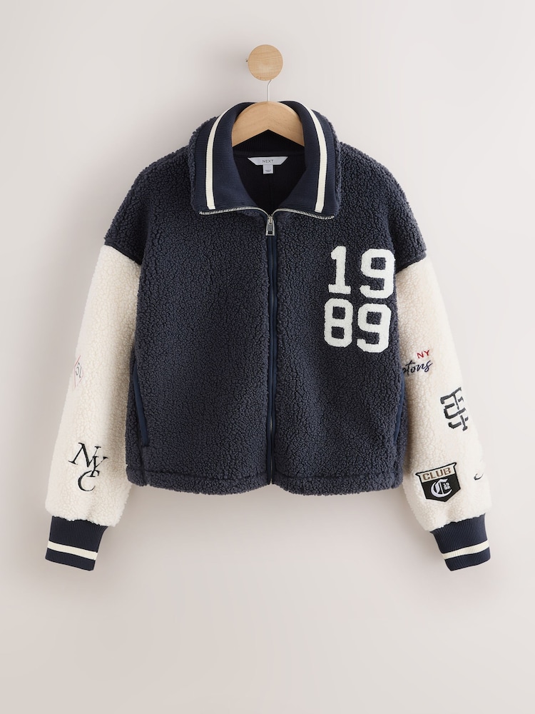 Blue/White Varsity Badge Borg Jacket - Image 1 of 3 Blue/White Varsity Badge Borg Jacket - Image 1 of 3