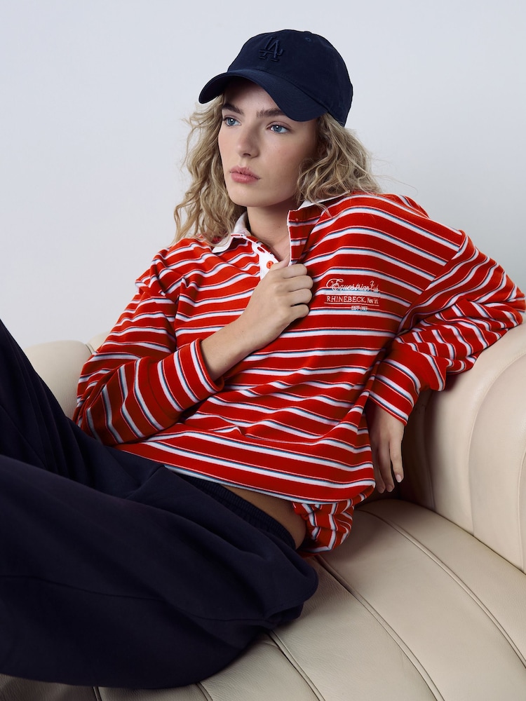 Red Velour Striped Rugby Top - Image 1 of 10