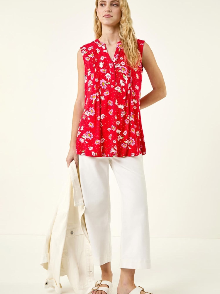 Roman Red Ditsy Floral Print Pintuck Top - Image 1 of 5
