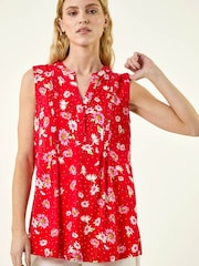 Roman Red Ditsy Floral Print Pintuck Top - Image 3 of 5