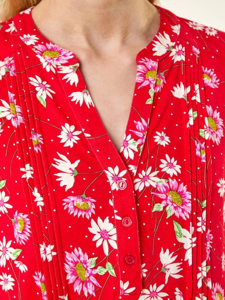 Roman Red Ditsy Floral Print Pintuck Top - Image 5 of 5