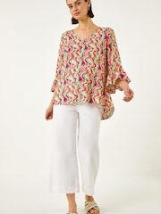 Roman Orange Abstract Wave Print Flared Sleeve Top - Image 2 of 5