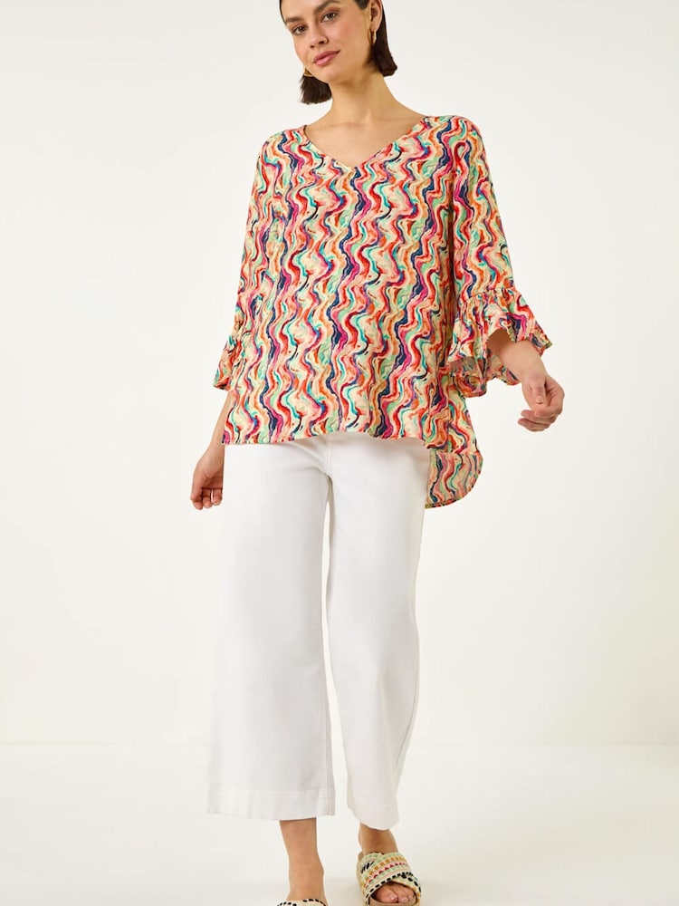 Roman Orange Abstract Wave Print Flared Sleeve Top - Image 2 of 5