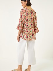 Roman Orange Abstract Wave Print Flared Sleeve Top - Image 3 of 5