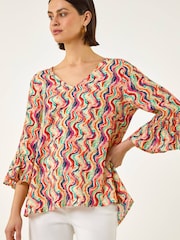 Roman Orange Abstract Wave Print Flared Sleeve Top - Image 4 of 5