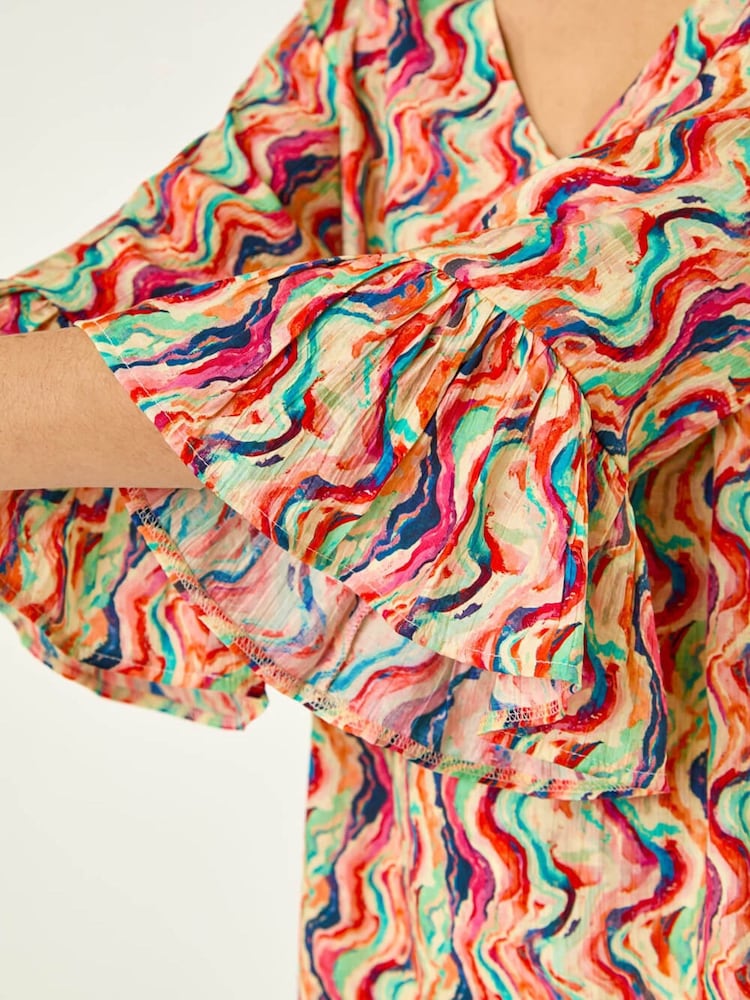 Roman Orange Abstract Wave Print Flared Sleeve Top - Image 5 of 5