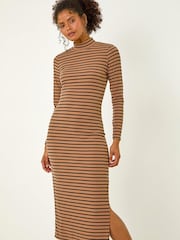 Roman Brown High Neck Stripe Bodycon Midi Dress - Image 1 of 5