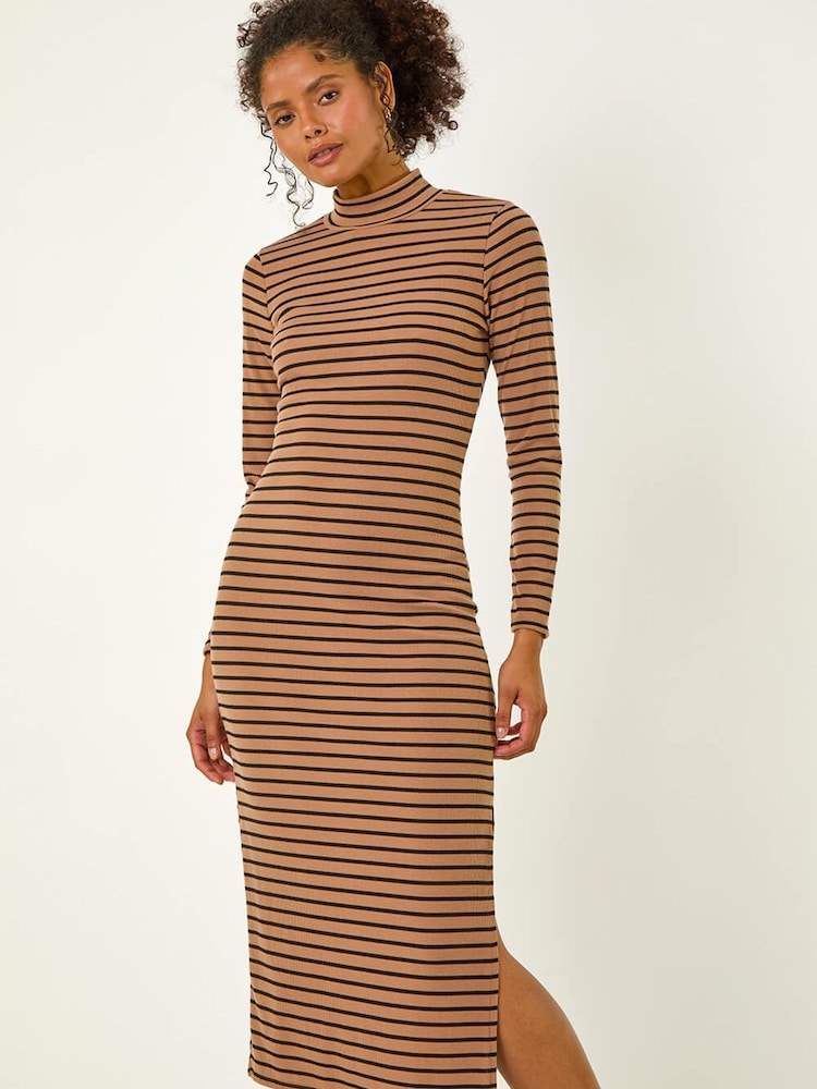 Roman Brown High Neck Stripe Bodycon Midi Dress - Image 1 of 5