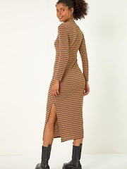 Roman Brown High Neck Stripe Bodycon Midi Dress - Image 2 of 5