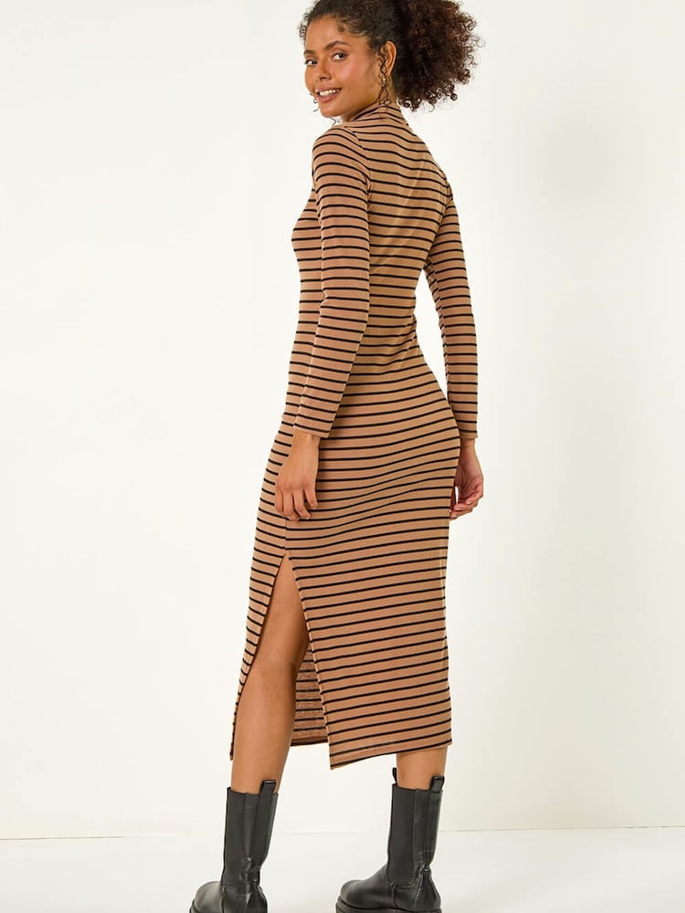 Roman Brown High Neck Stripe Bodycon Midi Dress - Image 2 of 5