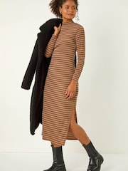 Roman Brown High Neck Stripe Bodycon Midi Dress - Image 3 of 5