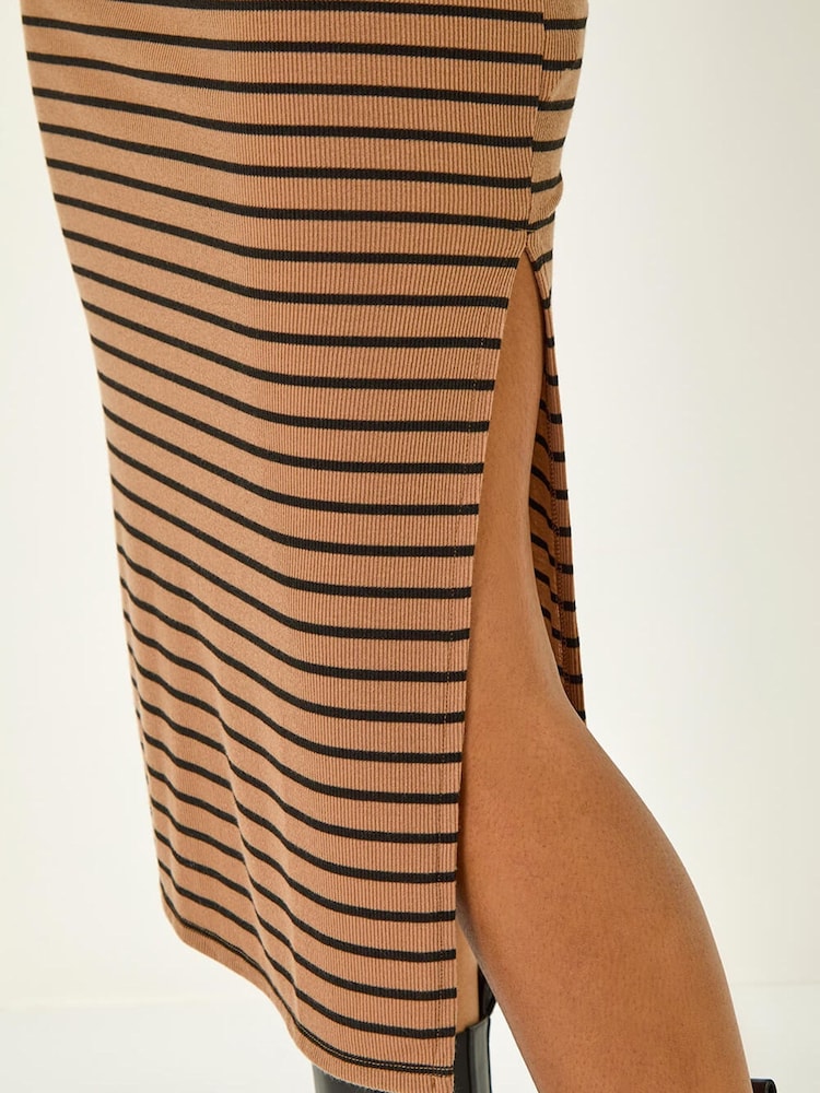 Roman Brown High Neck Stripe Bodycon Midi Dress - Image 5 of 5