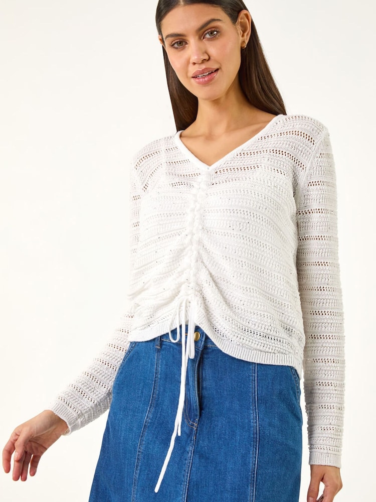 Roman White Sequin Tie Front Knitted Top - Image 2 of 5