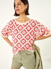 Roman Pink Floral Crochet Knit Top - Image 1 of 5