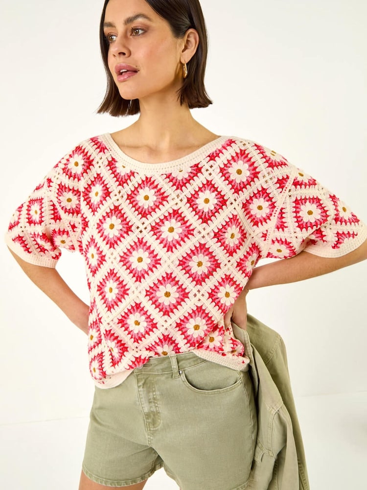 Roman Pink Floral Crochet Knit Top - Image 1 of 5