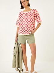 Roman Pink Floral Crochet Knit Top - Image 2 of 5