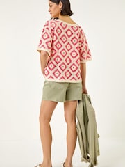 Roman Pink Floral Crochet Knit Top - Image 3 of 5