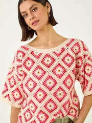 Roman Pink Floral Crochet Knit Top - Image 4 of 5