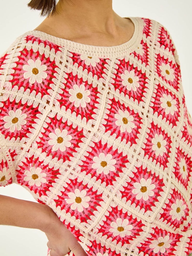 Roman Pink Floral Crochet Knit Top - Image 5 of 5