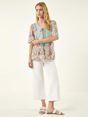 Roman Pink Floral Print Tassel Neck Top - Image 2 of 5