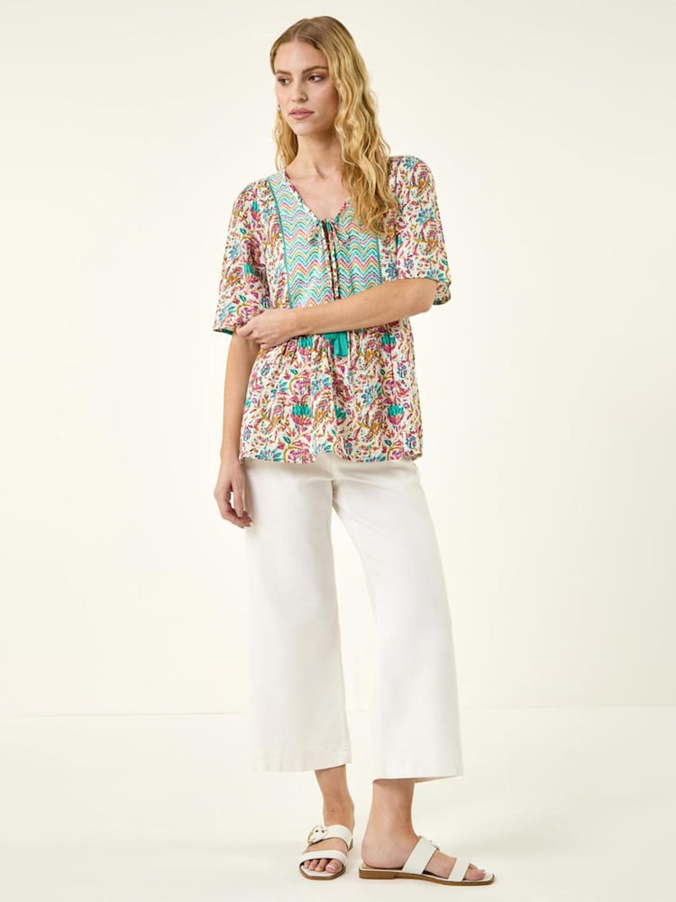 Roman Pink Floral Print Tassel Neck Top - Image 2 of 5