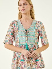 Roman Pink Floral Print Tassel Neck Top - Image 4 of 5