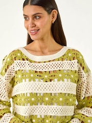 Roman Green Floral Stripe Crochet Knit Jumper - Image 1 of 5