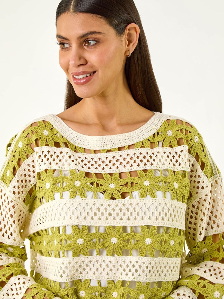 Roman Green Floral Stripe Crochet Knit Jumper - Image 1 of 5
