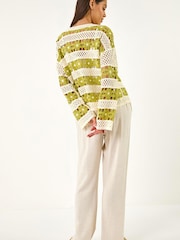 Roman Green Floral Stripe Crochet Knit Jumper - Image 3 of 5