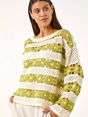 Roman Green Floral Stripe Crochet Knit Jumper - Image 4 of 5
