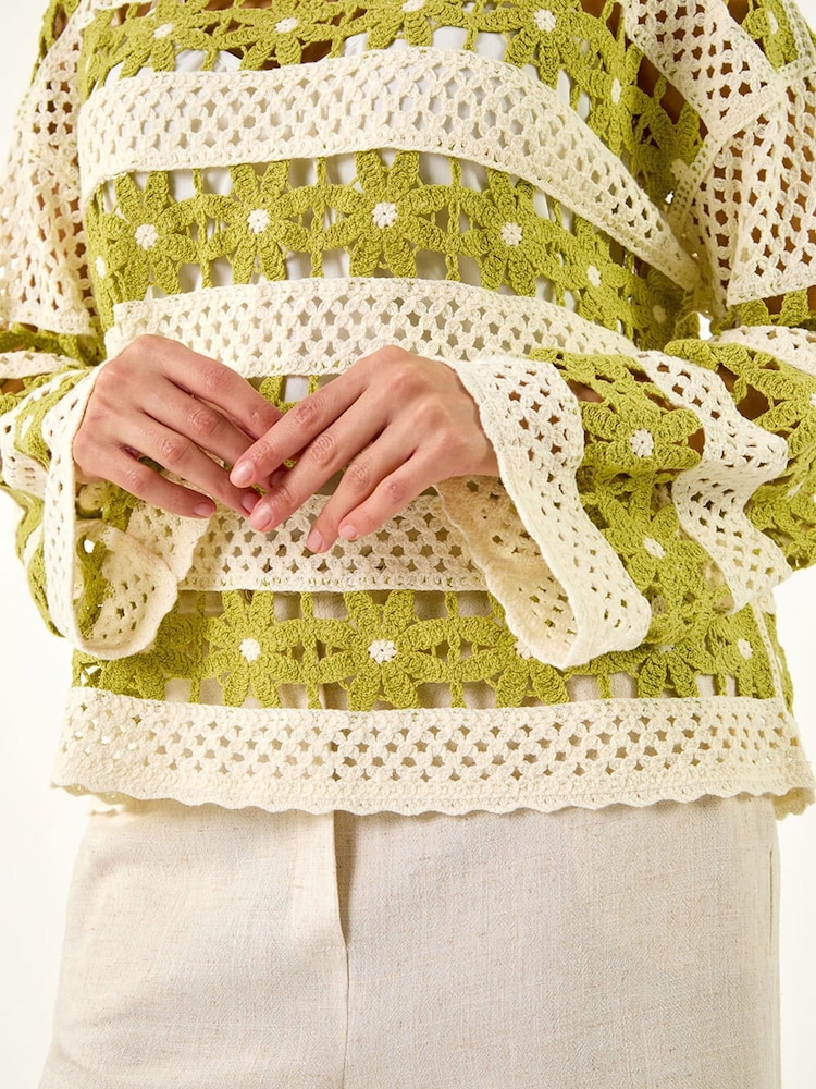 Roman Green Floral Stripe Crochet Knit Jumper - Image 5 of 5