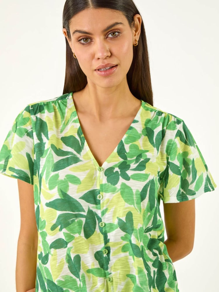 Roman Green Leaf Print Tie Front Top - Image 1 of 5