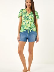 Roman Green Leaf Print Tie Front Top - Image 2 of 5