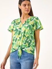 Roman Green Leaf Print Tie Front Top - Image 4 of 5
