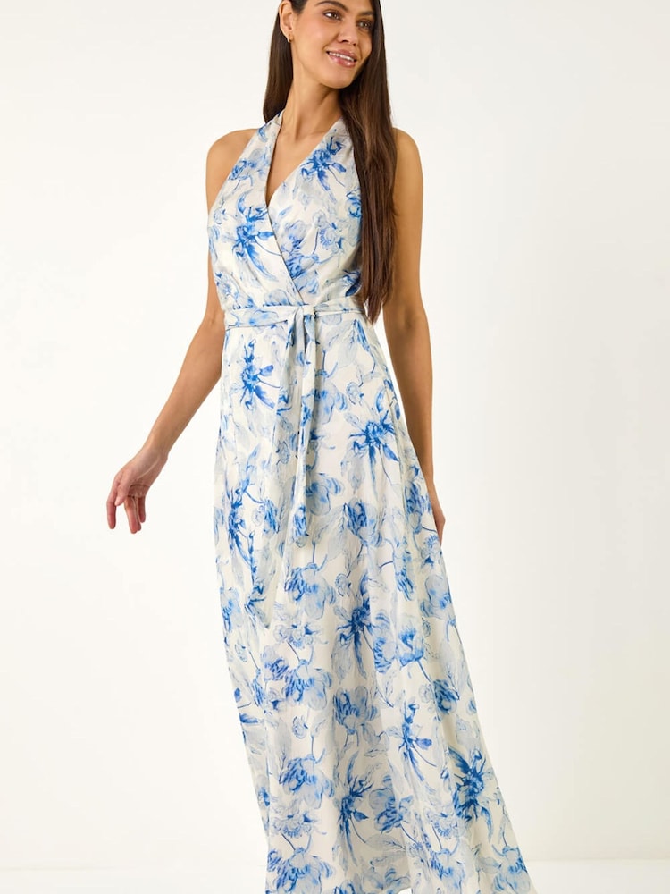 swirl halter dress Womens Roman Blue Floral Swirl Halter Neck Dress US 8