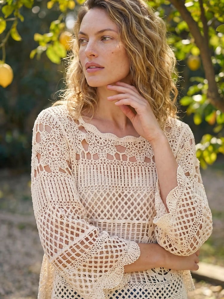 Roman Natural Crochet Knit Flared Sleeve Top - Image 1 of 2