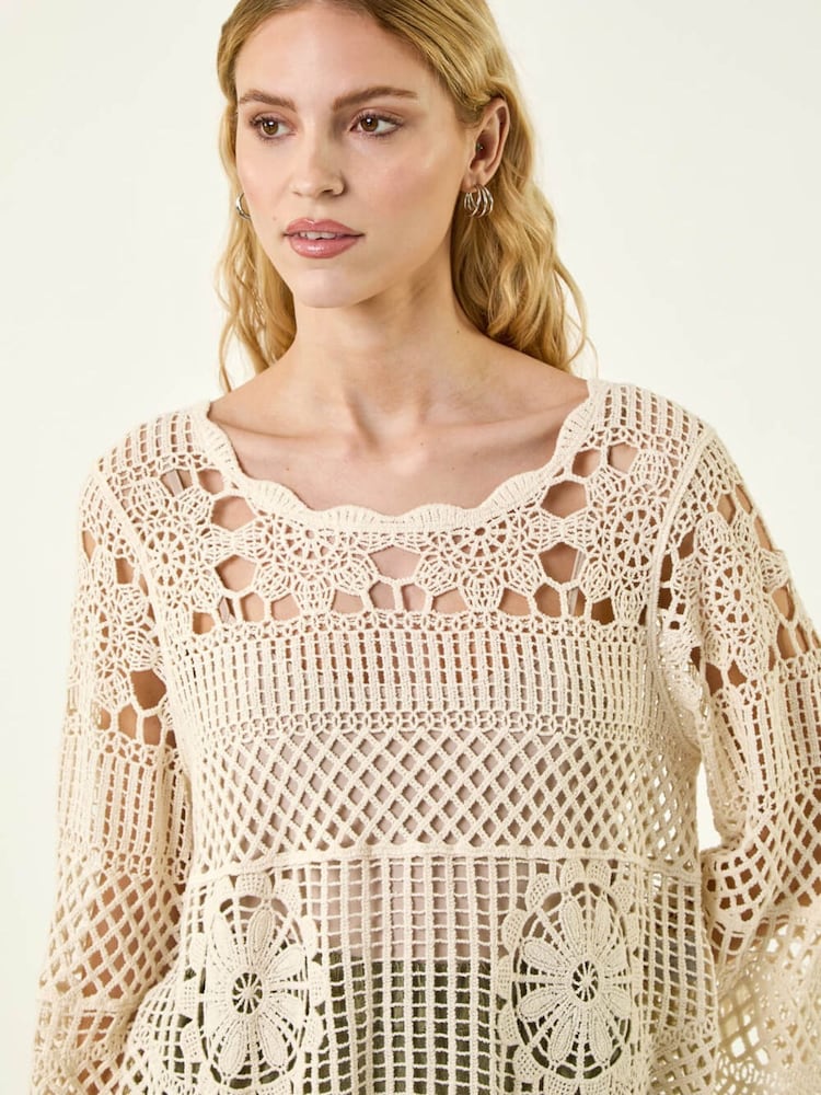Roman Natural Crochet Knit Flared Sleeve Top - Image 2 of 2