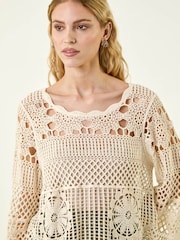 Roman Natural Crochet Knit Flared Sleeve Top - Image 4 of 5