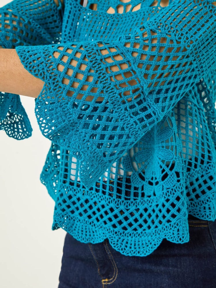 Roman Blue Crochet Knit Flared Sleeve Top - Image 5 of 5