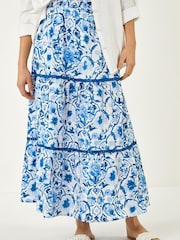 Roman Blue Floral Print Tiered Skirt - Image 1 of 5