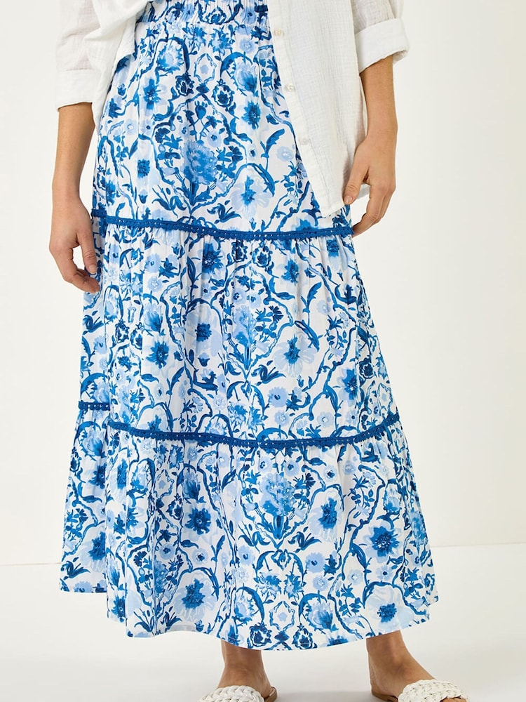 Roman Blue Floral Print Tiered Skirt - Image 1 of 5