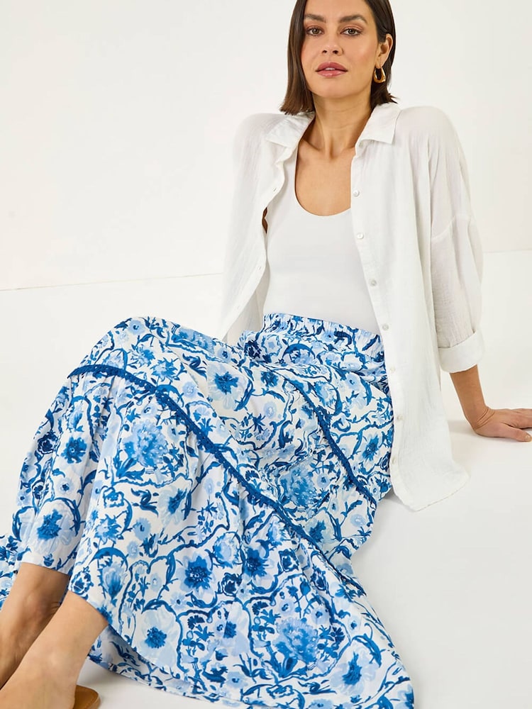 Roman Blue Floral Print Tiered Skirt - Image 2 of 5