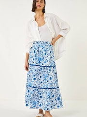 Roman Blue Floral Print Tiered Skirt - Image 4 of 5