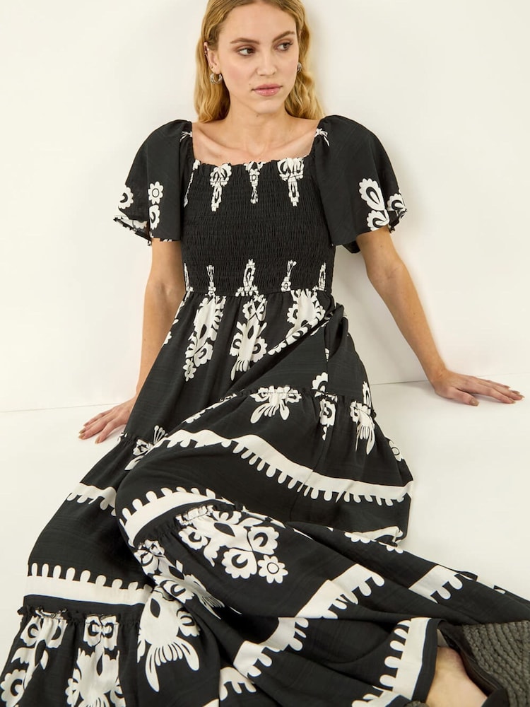 فستان متوسط الطول بتصميم مُجمّع بحواف مطبوعة من Roman - Image 1 of 5