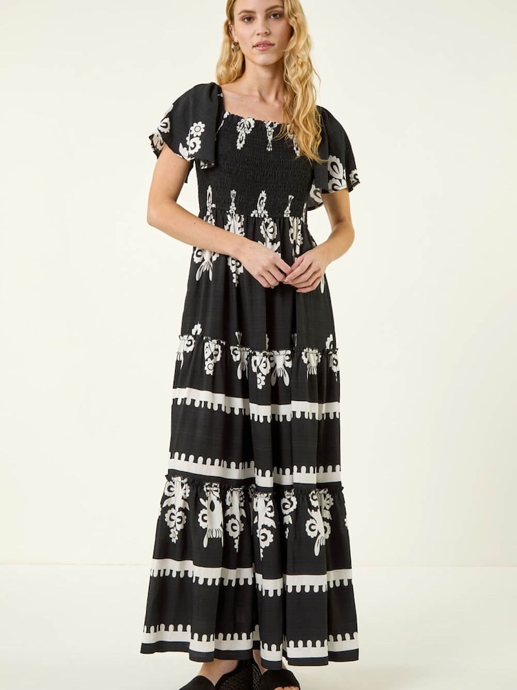 فستان متوسط الطول بتصميم مُجمّع بحواف مطبوعة من Roman - Image 2 of 5